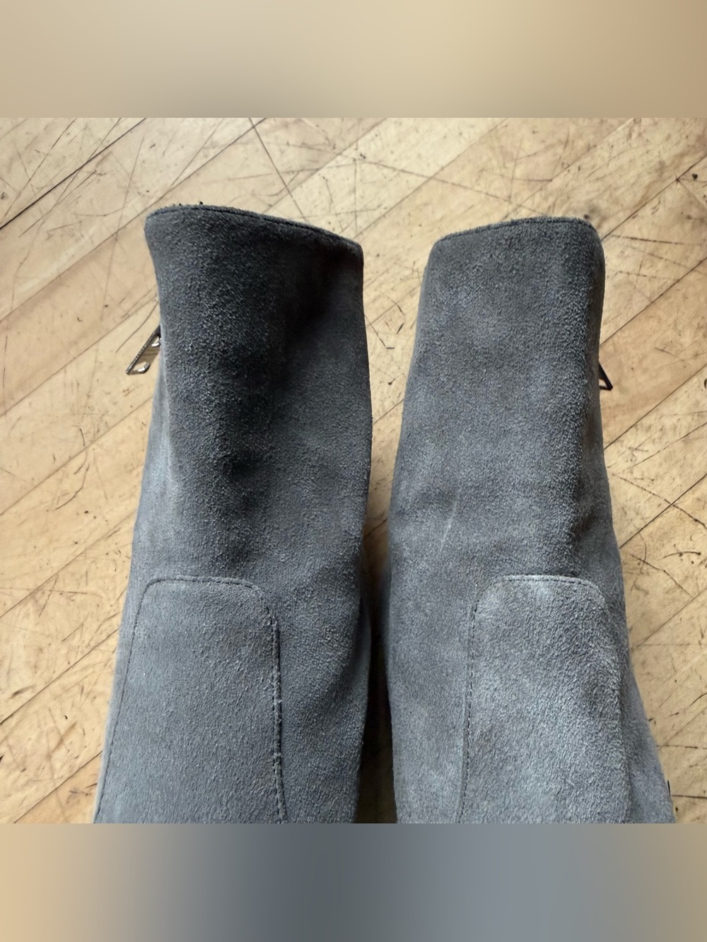 ALL SAINTS Grey Suede Lug Sole Zip Up Stacked Heel Moto Ankle Booties Ana 39 - Picture 5 of 12
